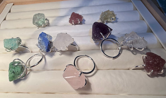 Raw Gemstones Adjustable Rings, Stainless Steel
