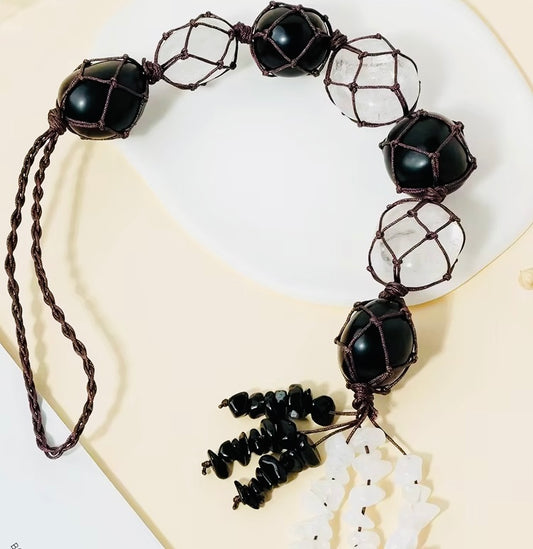 ✨ Black Tourmaline & Clear Quartz Hanging Ornament – Rough Stone with Chip Tassel | Reiki Healing, Energy Balance, Yoga & Home Decor