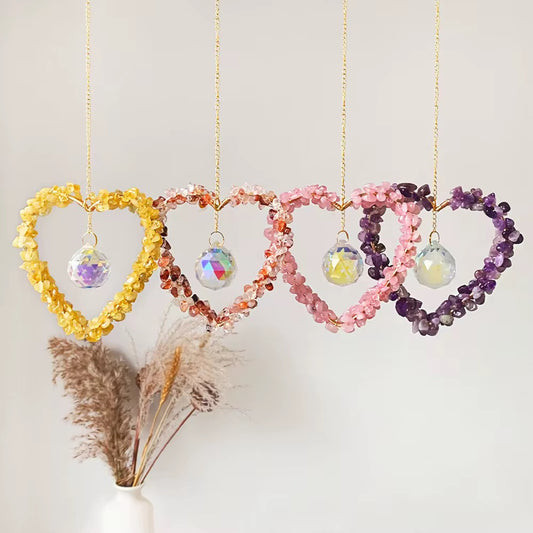 Gemstone Heart Crystal Suncatcher, Handmade Light-Catching Decor