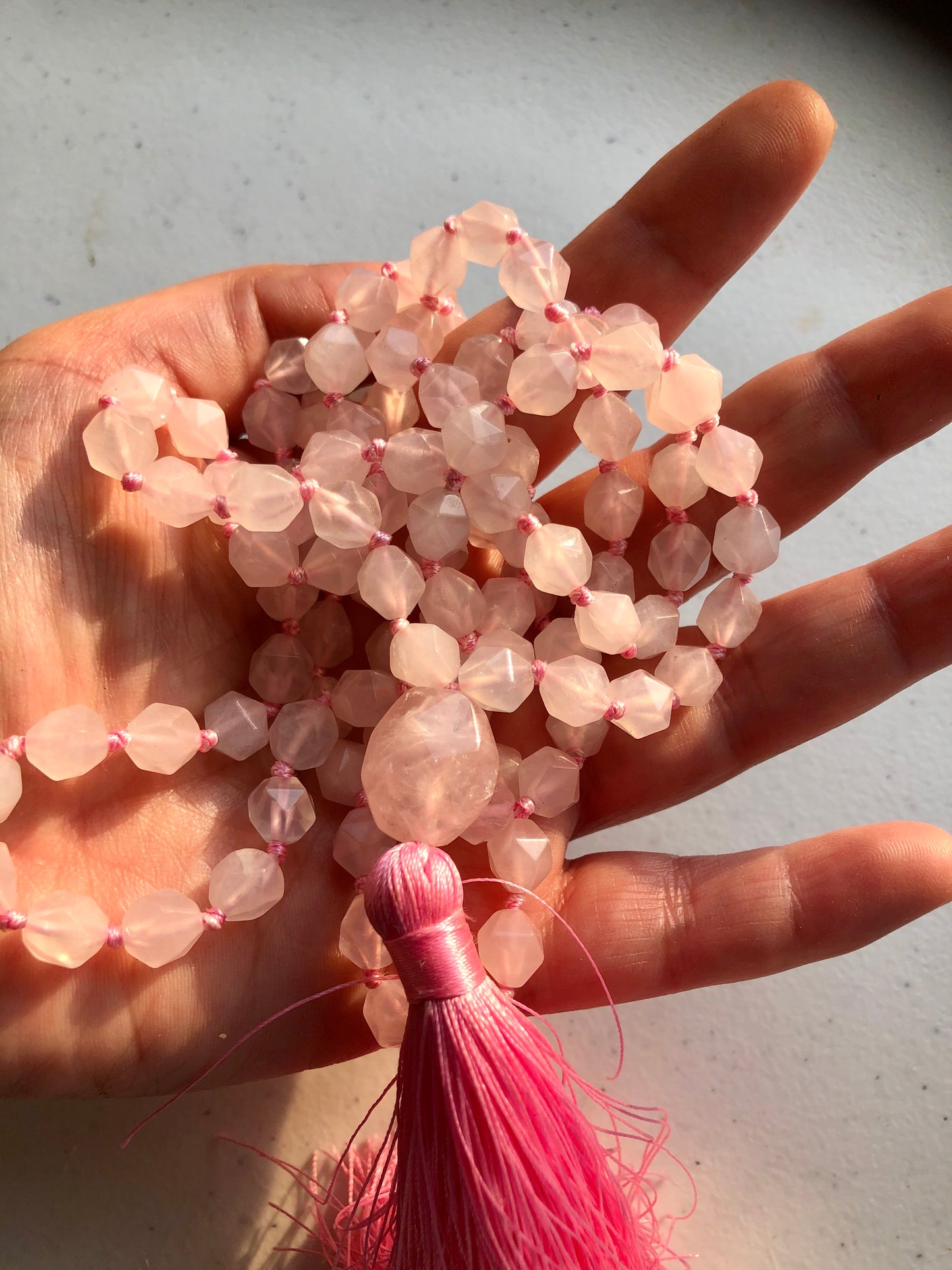Rose Quartz 8 mm Diamond Cut Mala & Necklace, Rose Quartz Guru Bead