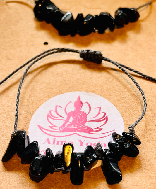 Black Tourmaline Gemstone Chip Dainty cute adjustable bracelet handmade.