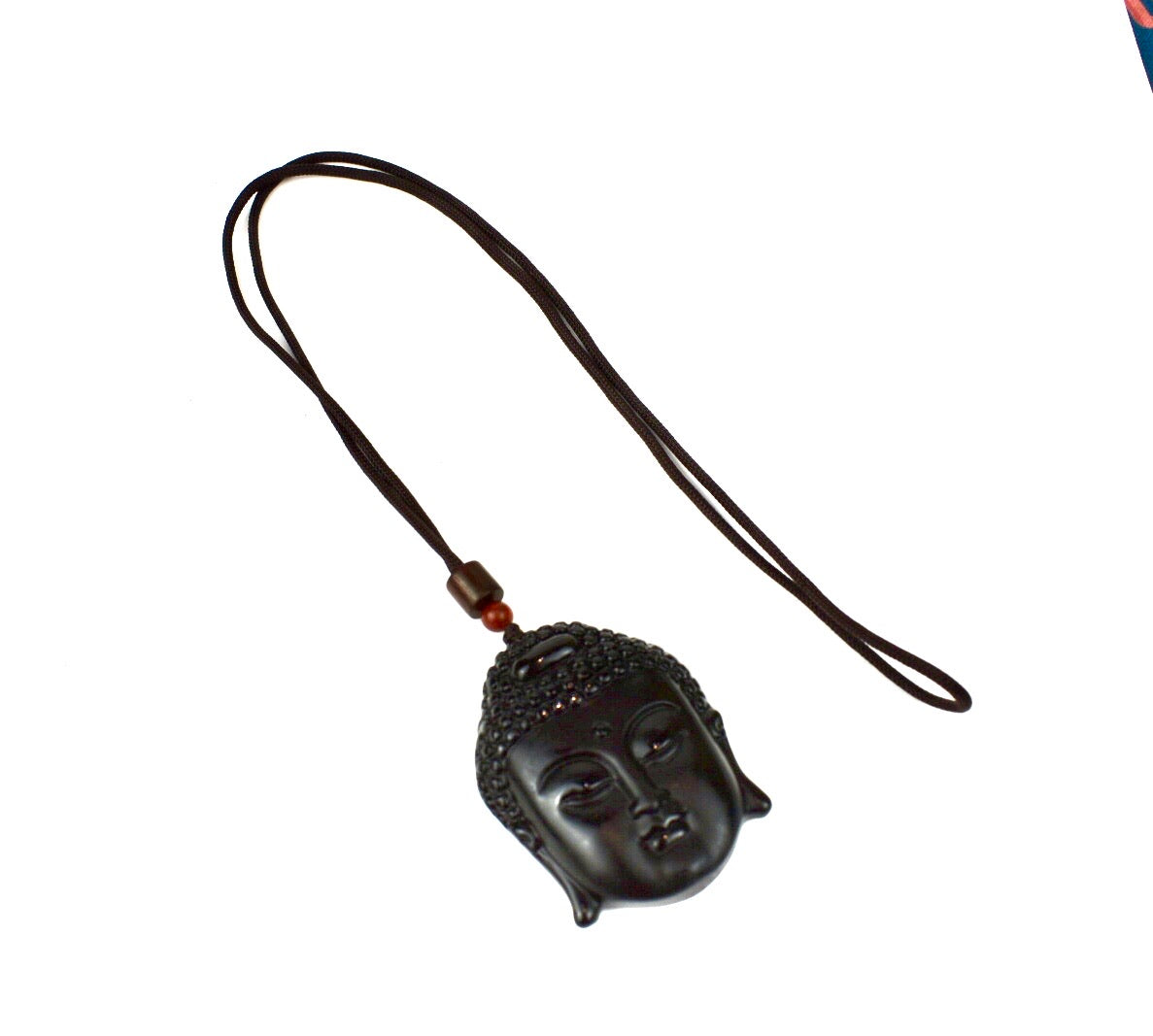 UNISEX NATURAL BLACK OBSIDIAN BUDDHA HEAD PENDANT NECKLACE