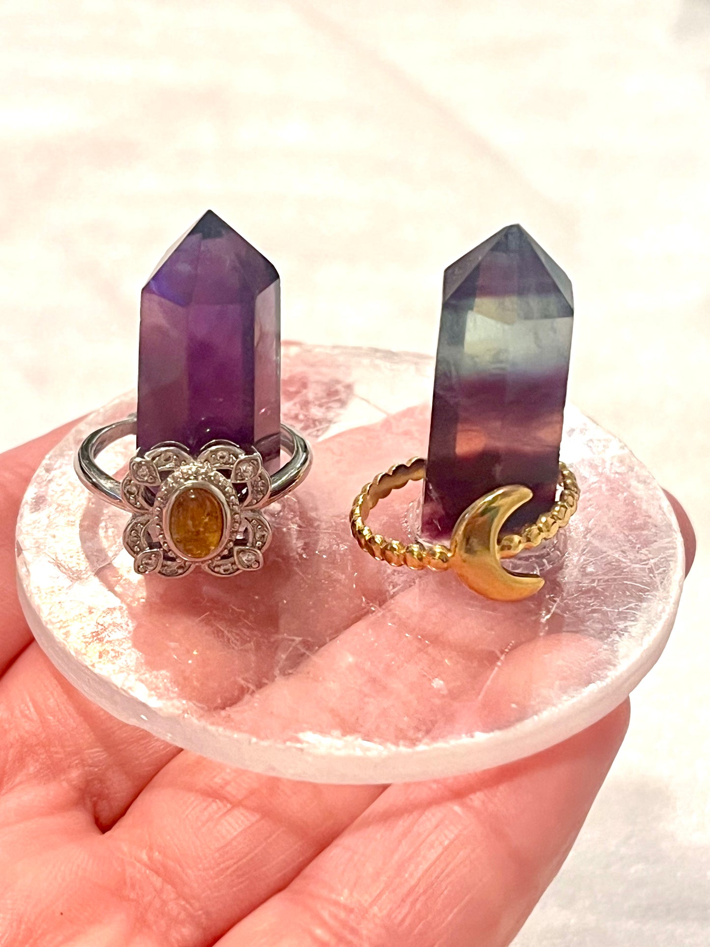 Rings Holder, Selenite and Small Rainbow Towers