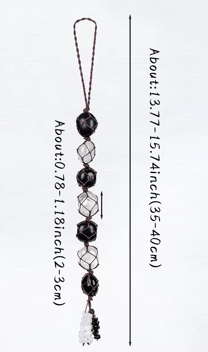 ✨ Black Tourmaline & Clear Quartz Hanging Ornament – Rough Stone with Chip Tassel | Reiki Healing, Energy Balance, Yoga & Home Decor