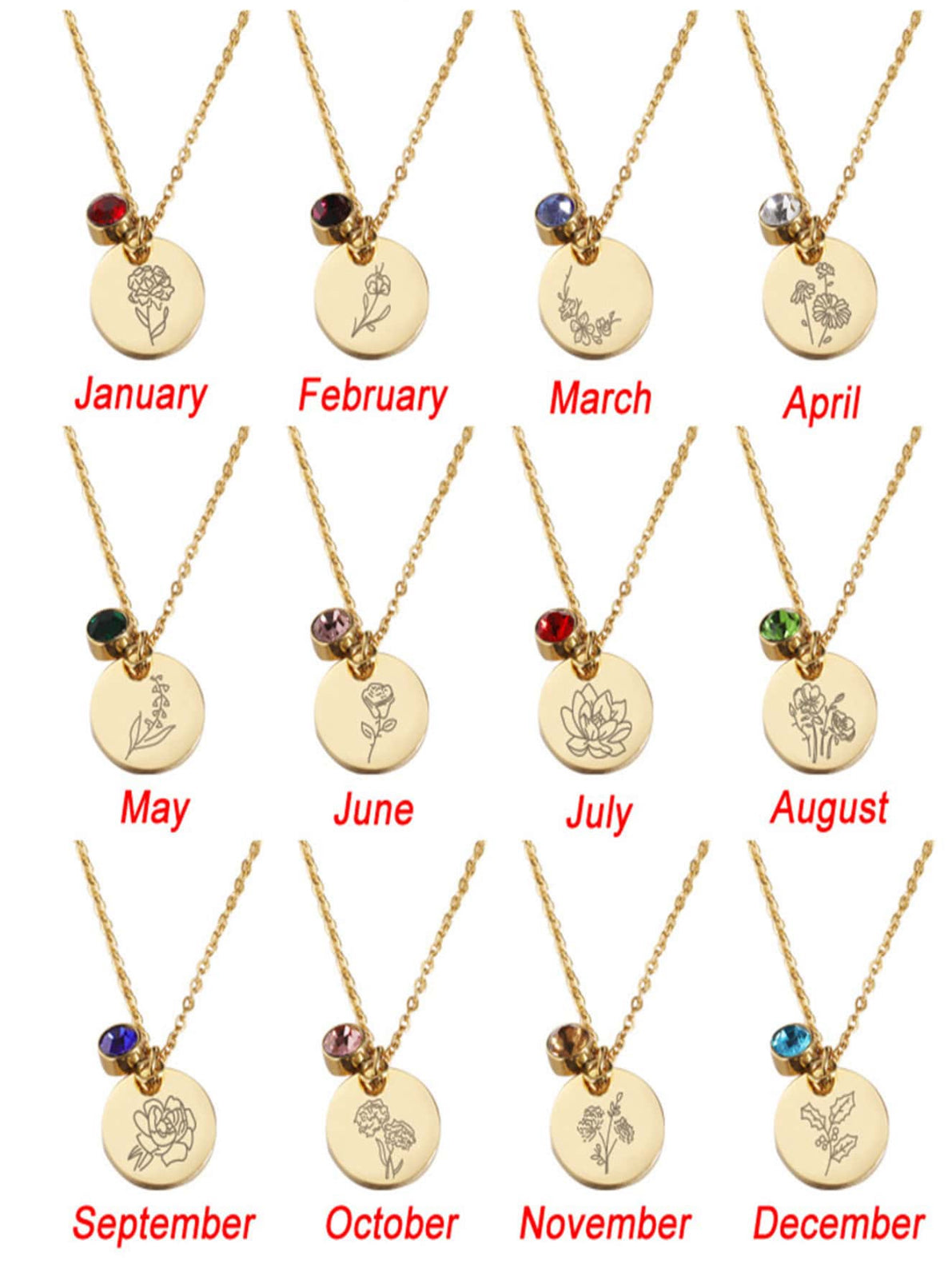 Birthstones Stainless Steel Gold Plated Necklaces