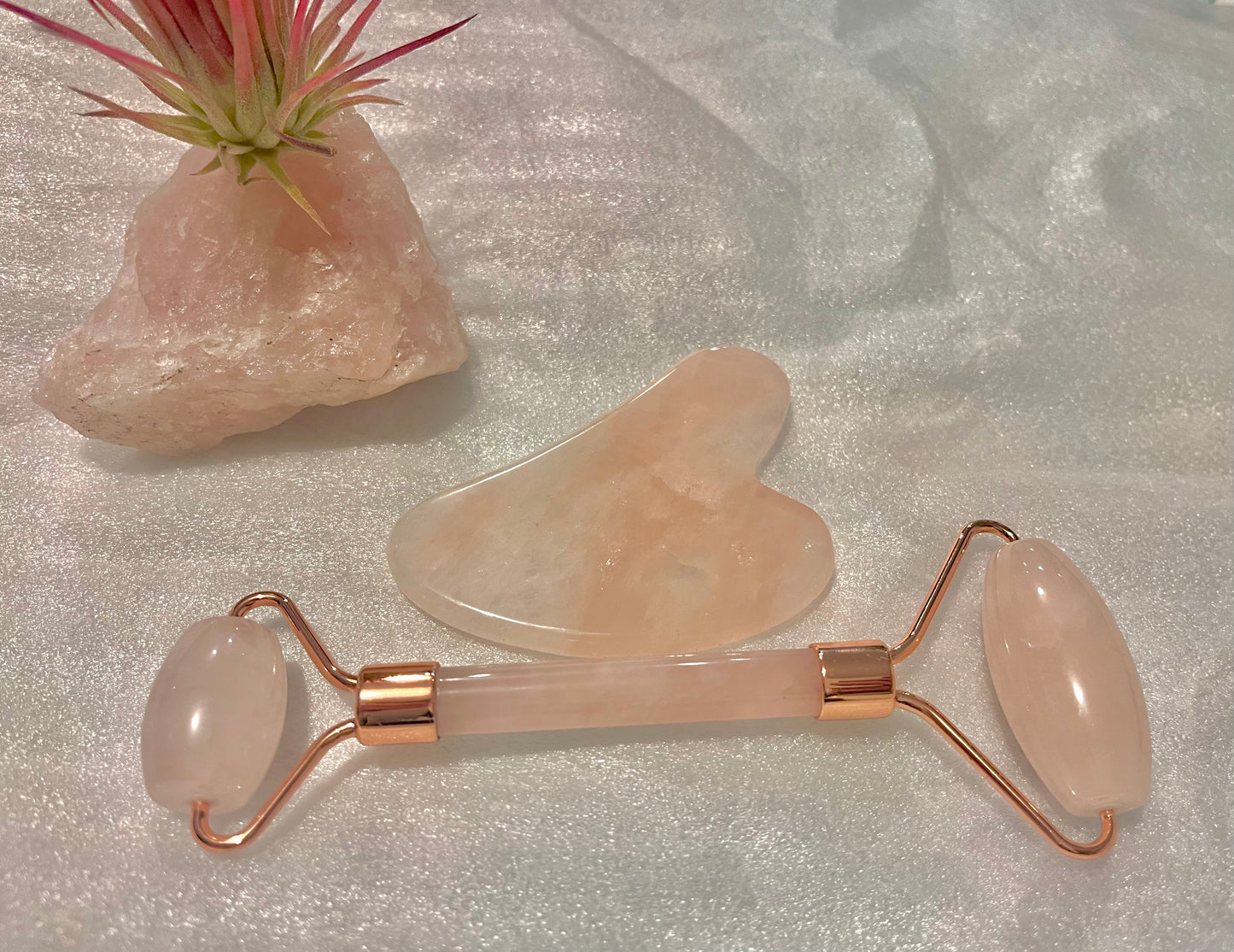 Rose Quartz Set, Face Roller and Guasha