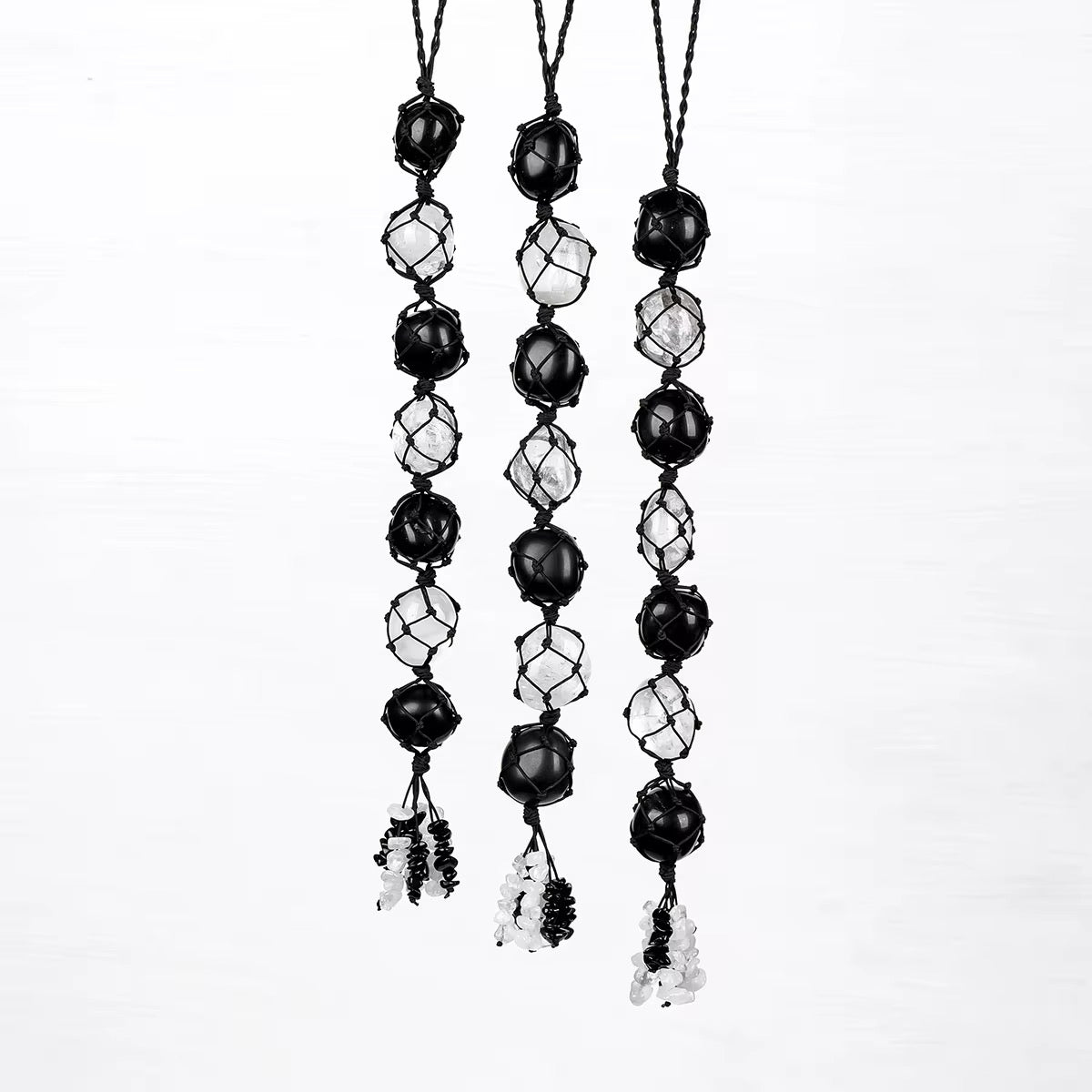 ✨ Black Tourmaline & Clear Quartz Hanging Ornament – Rough Stone with Chip Tassel | Reiki Healing, Energy Balance, Yoga & Home Decor