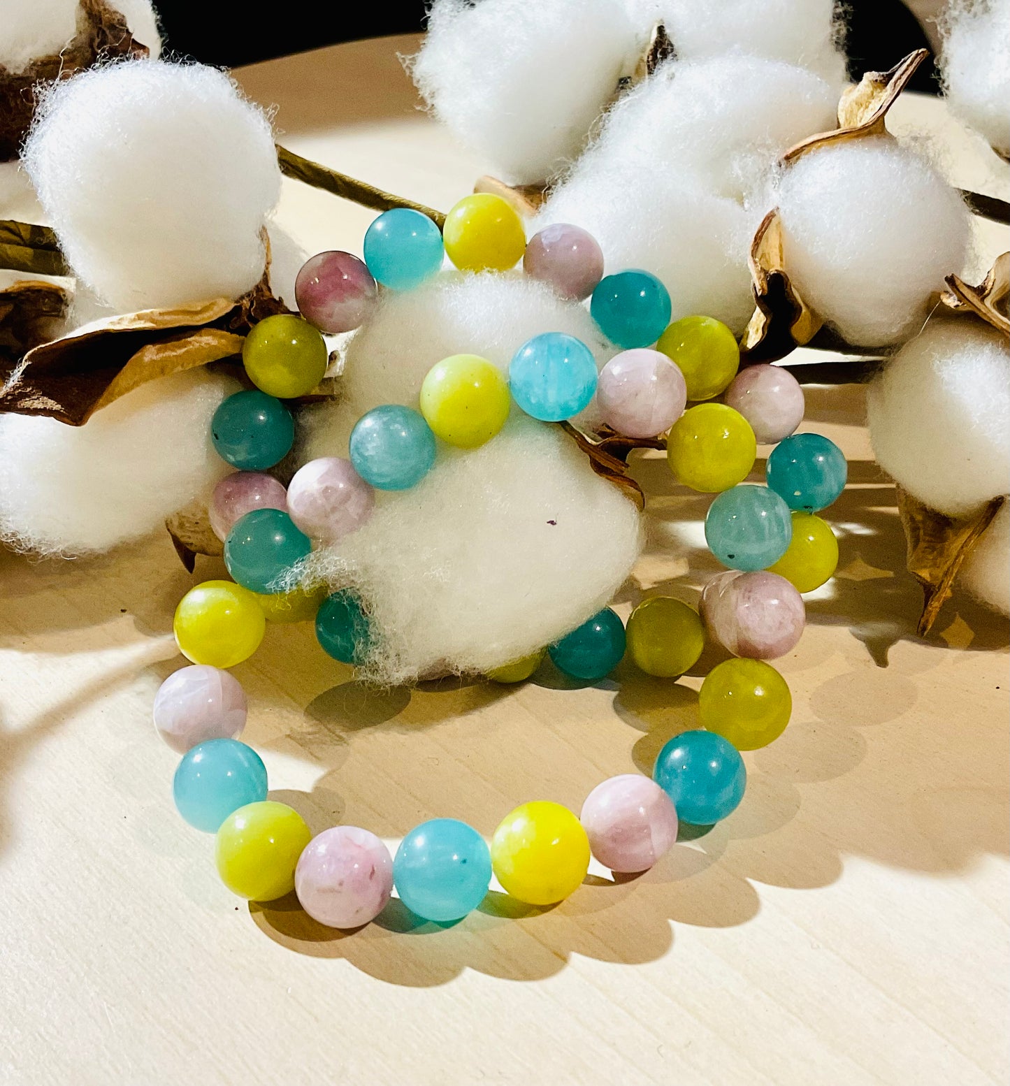 Three Gemstones Bracelets, Kunzite, Jade and Amazonite, 10mm
