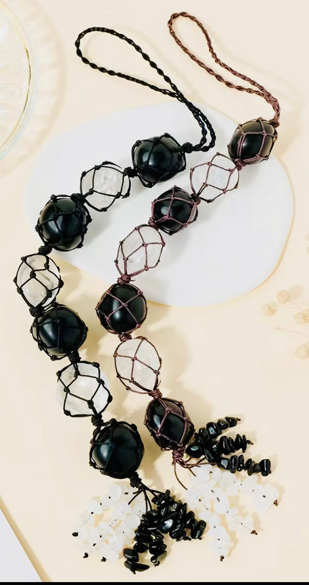 ✨ Black Tourmaline & Clear Quartz Hanging Ornament – Rough Stone with Chip Tassel | Reiki Healing, Energy Balance, Yoga & Home Decor