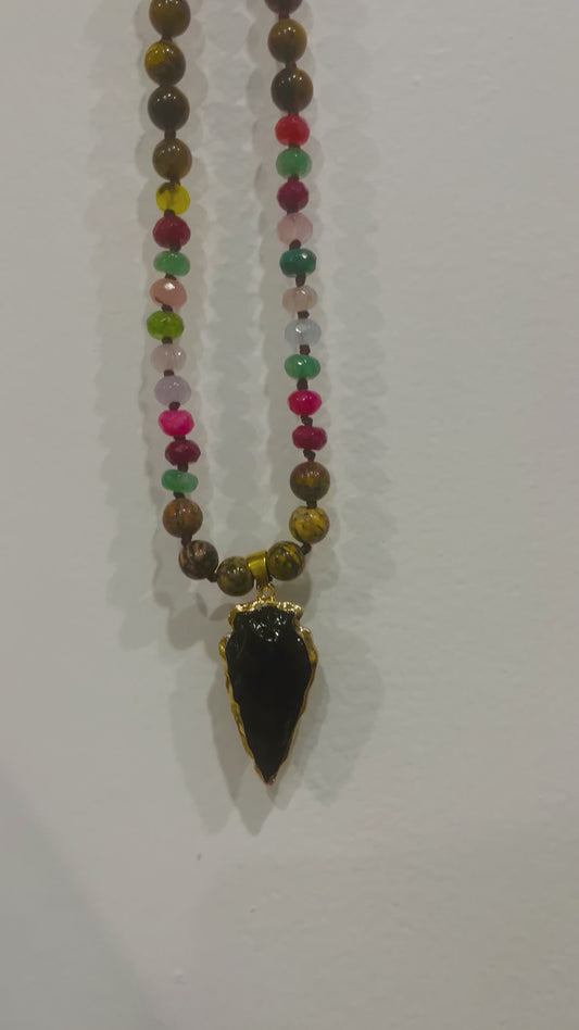 Tiger Eye and Rainbow Tourmaline Knotted 108 Mala