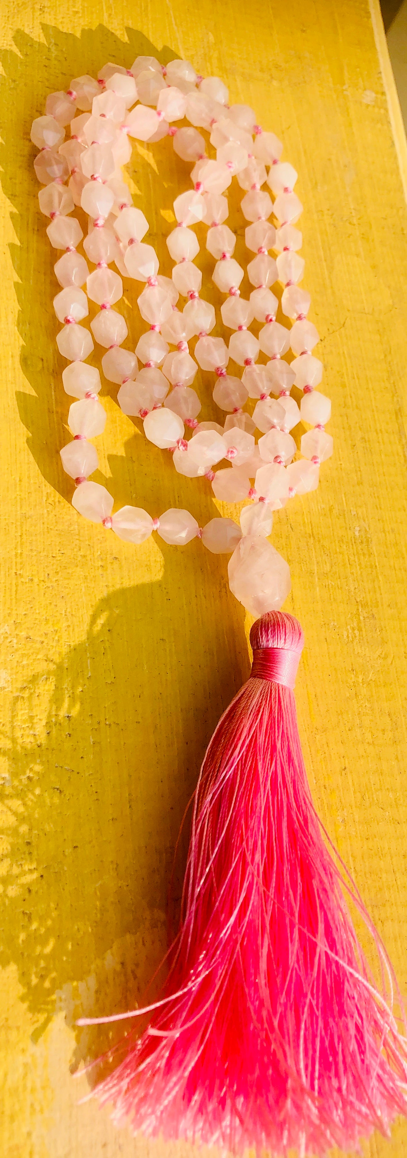 Rose Quartz 8 mm Diamond Cut Mala & Necklace, Rose Quartz Guru Bead