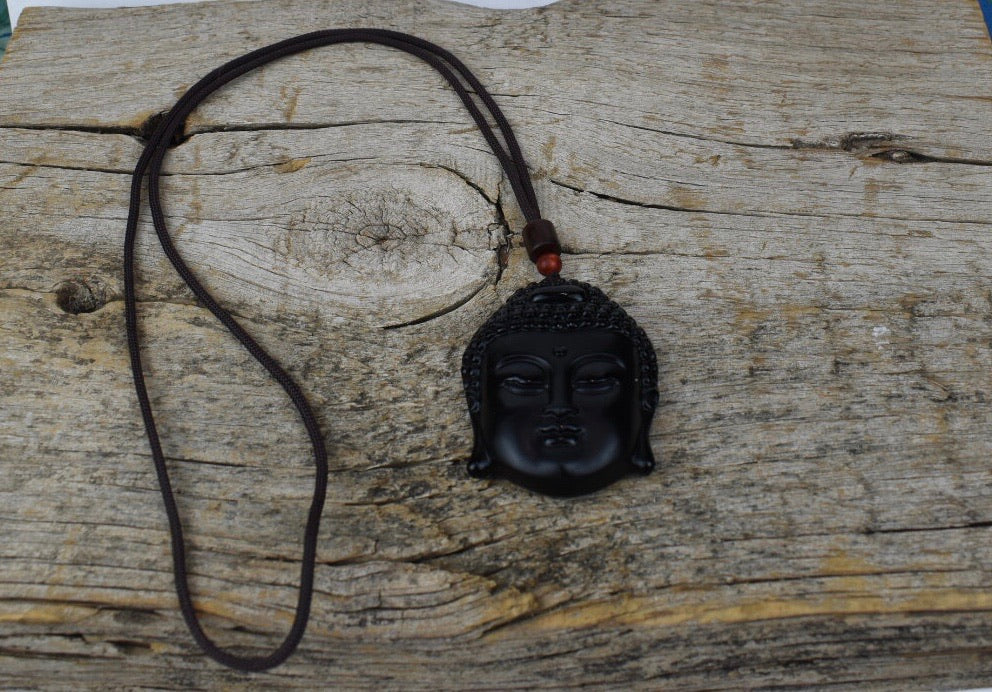 UNISEX NATURAL BLACK OBSIDIAN BUDDHA HEAD PENDANT NECKLACE