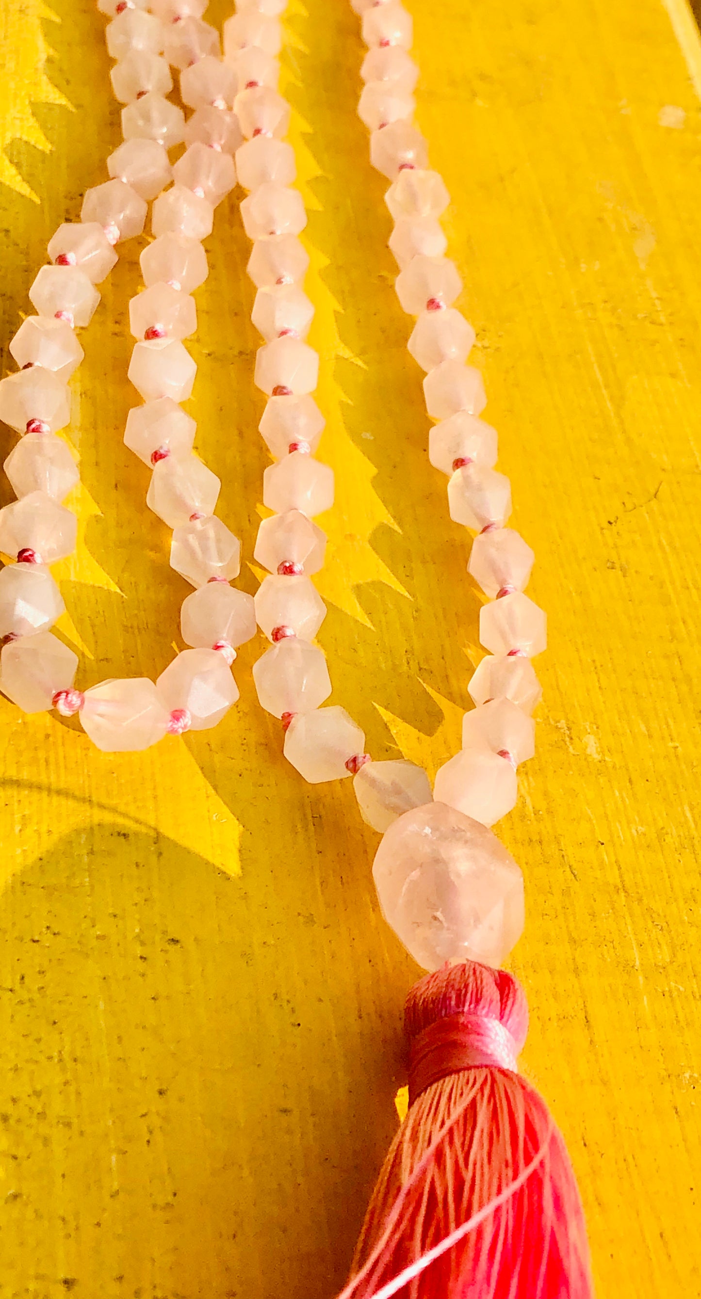 Rose Quartz 8 mm Diamond Cut Mala & Necklace, Rose Quartz Guru Bead