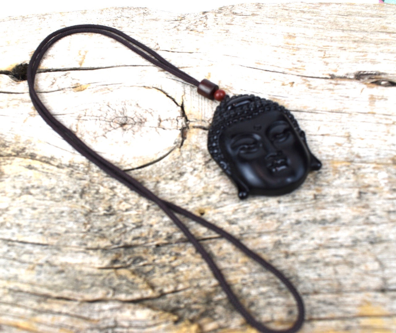 UNISEX NATURAL BLACK OBSIDIAN BUDDHA HEAD PENDANT NECKLACE