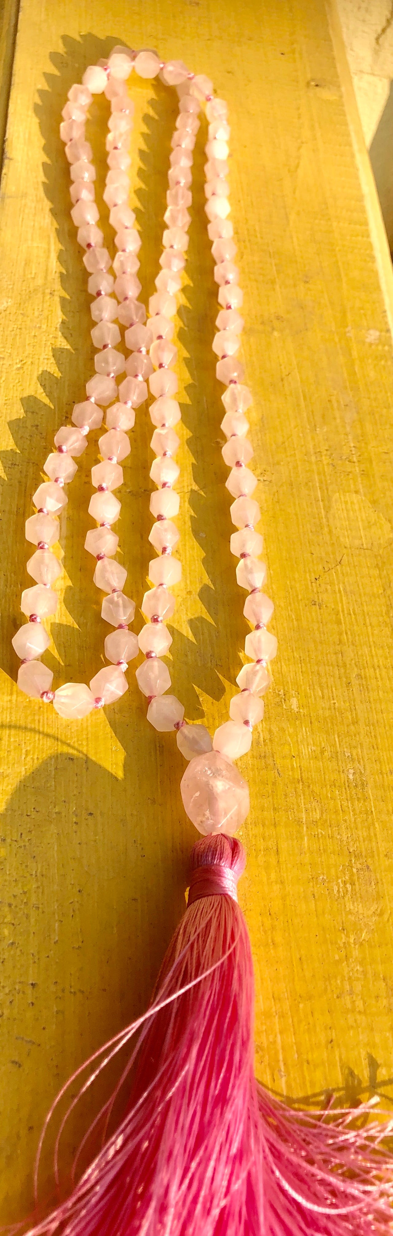 Rose Quartz 8 mm Diamond Cut Mala & Necklace, Rose Quartz Guru Bead