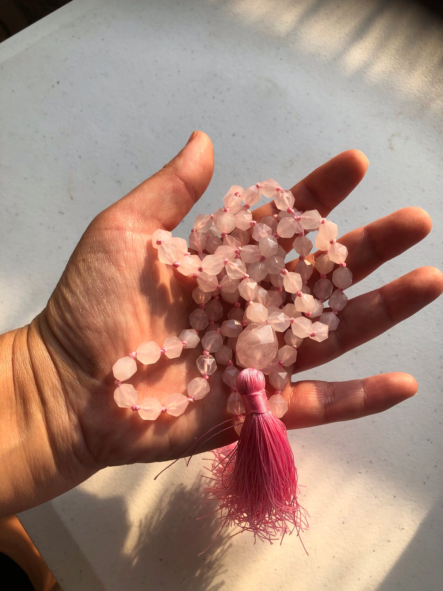 Rose Quartz 8 mm Diamond Cut Mala & Necklace, Rose Quartz Guru Bead