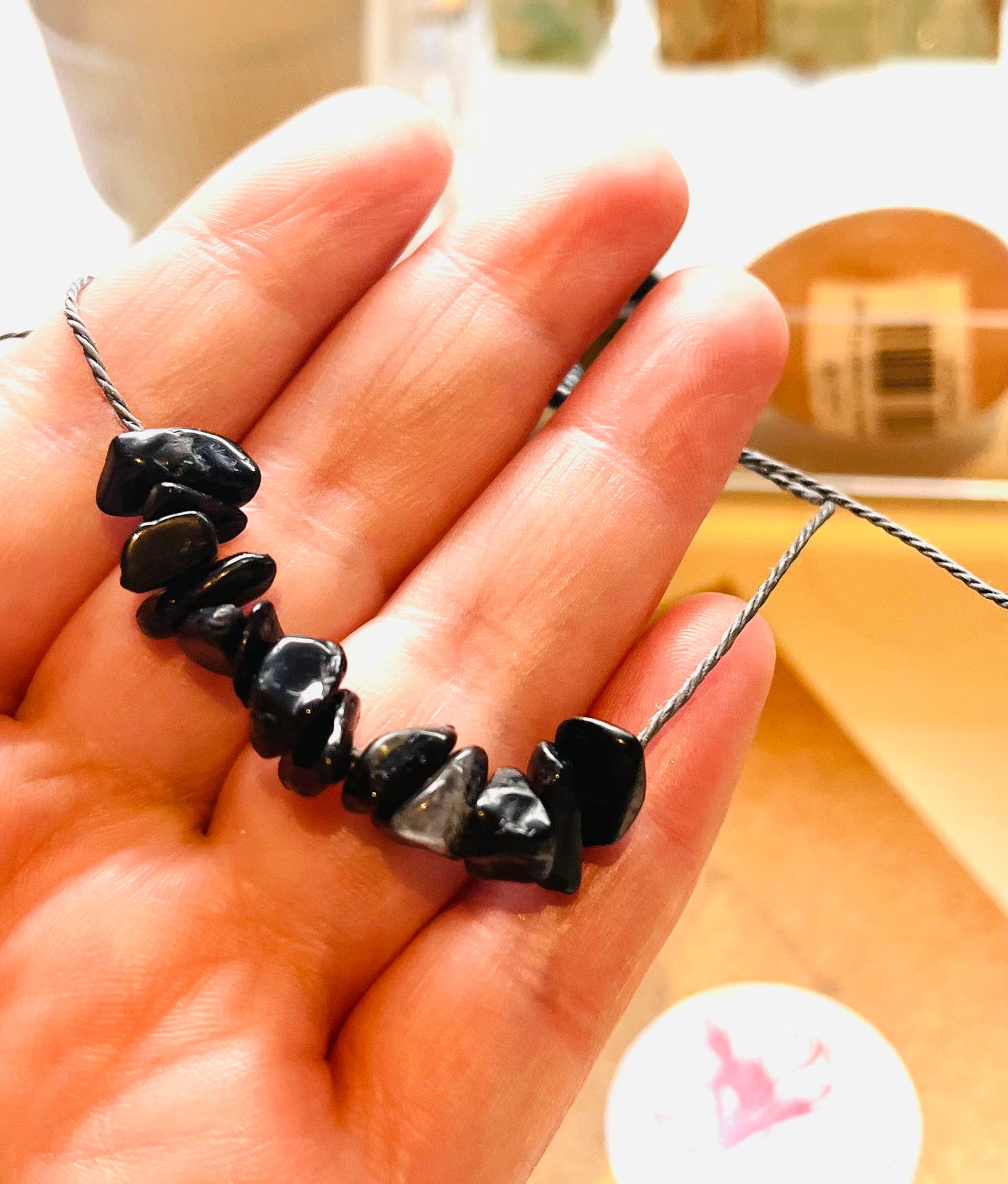 Black Tourmaline Gemstone Chip Dainty cute adjustable bracelet handmade.